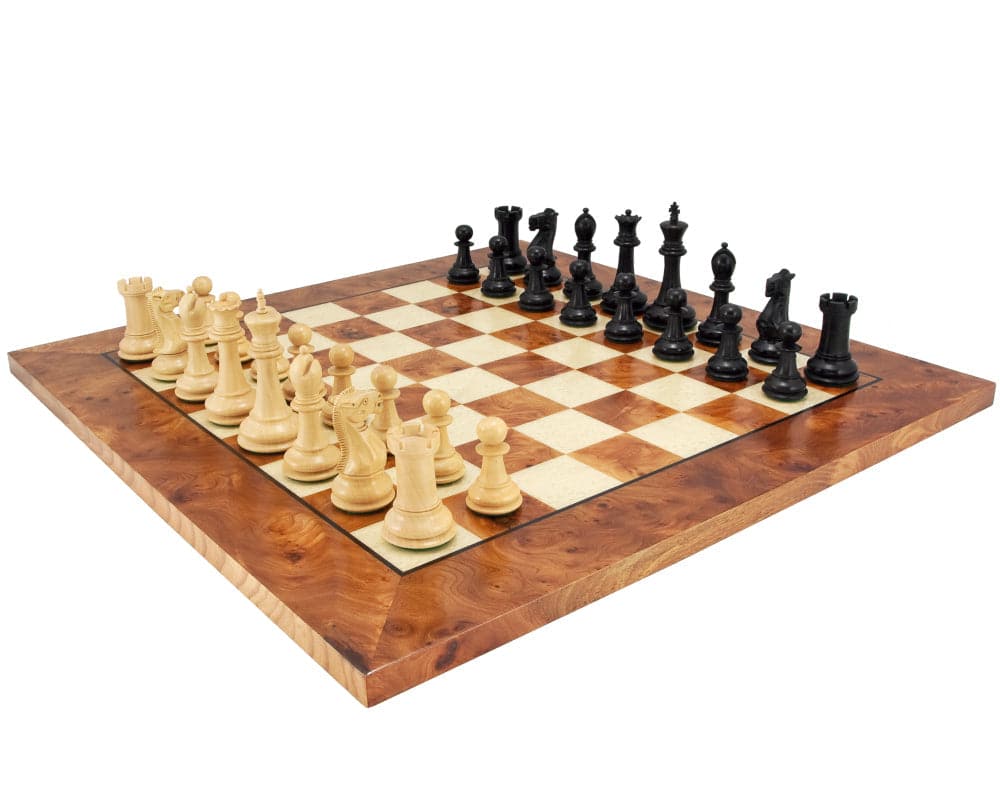 Victoria Burl Chess Set with handmade Briarwood and Elm veneer board featuring contrasting wood pieces ready for play