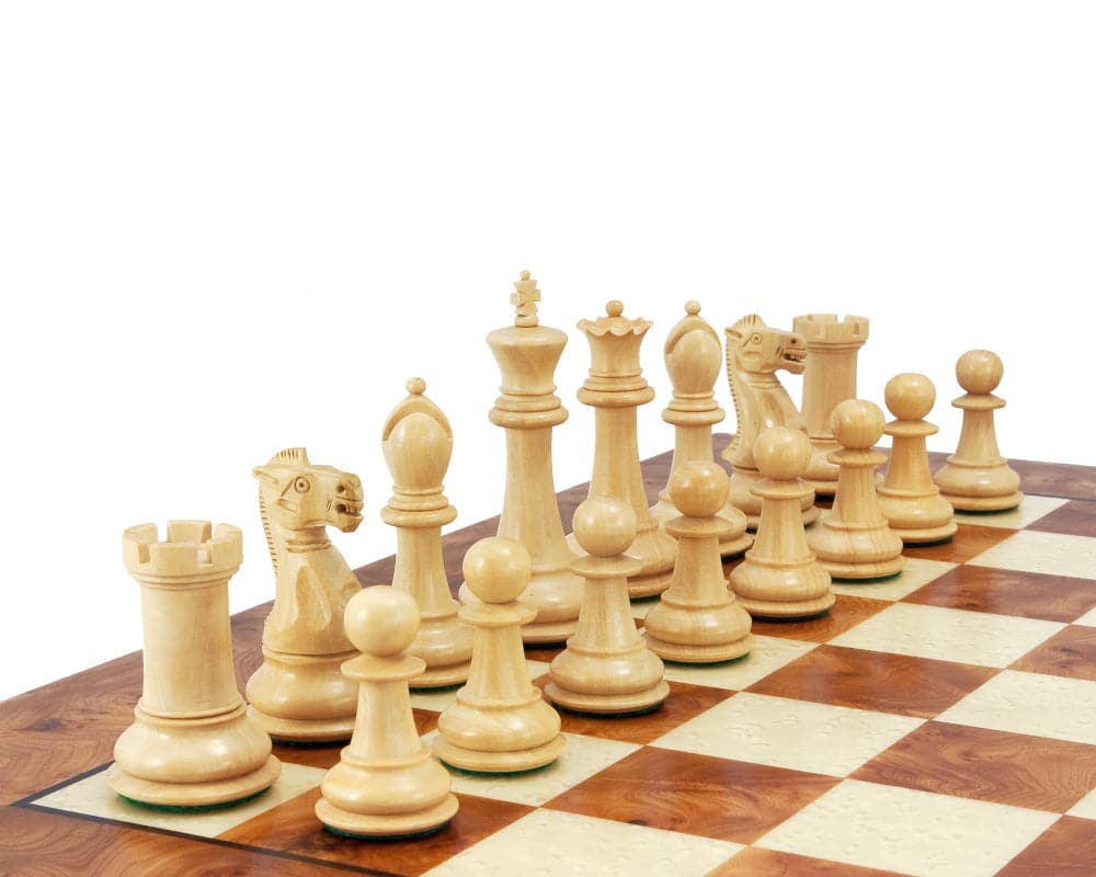 Victoria Burl Chess Set with beautifully crafted wooden chess pieces on a Briarwood and Elm veneer board