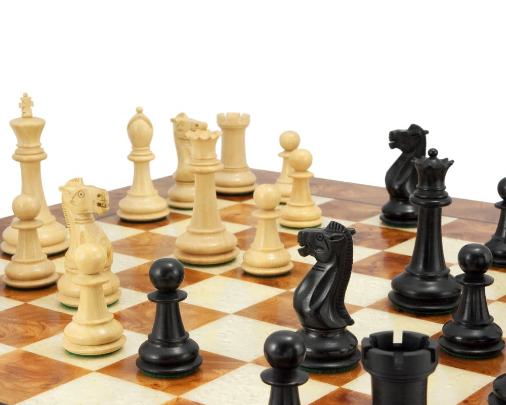 Victoria Burl Chess Set with contrasting wood pieces on a handmade Briarwood and Elm board, crafted in Italy and finished with satin lacquer.