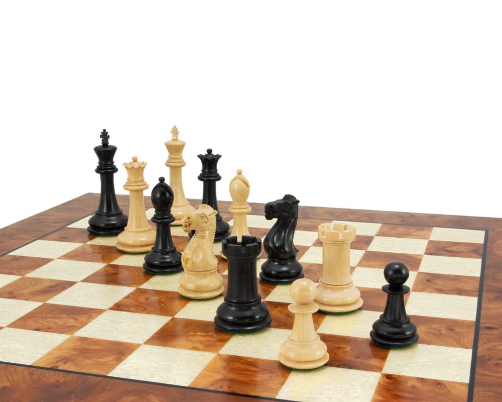 Victoria Burl Chess Set with contrasting wood pieces on handmade Briarwood and Elm veneer board, finished in deep satin lacquer.