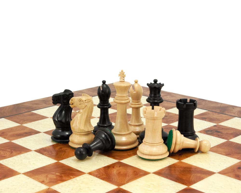 Victoria Burl Chess Set with elegant Briarwood and Elm veneer board, showcasing rich colors and intricate patterns.