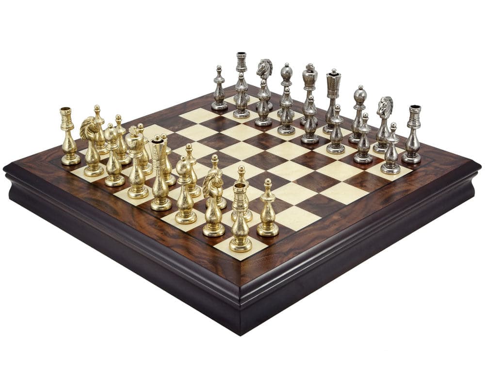 Maghreb Brass and Walnut Traditional Chess Set with Walnut and Maple veneer board and brass chess pieces, crafted in Italy.