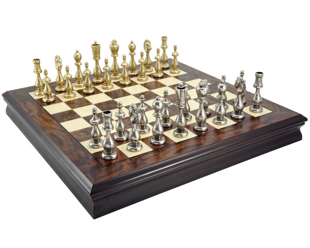 Maghreb Brass and Walnut Traditional Chess Set with Maple Veneer Cabinet and Lift-off Lid