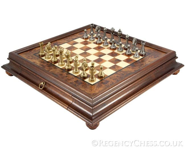 Finnesburg Brass and Briarwood Traditional Chess Set with ornate brass and nickel pieces on a 20.6 inch briarwood and elm cabinet with drawer.