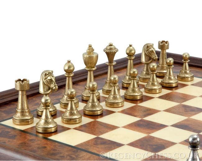 Finnesburg Brass and Nickel chess pieces on Briarwood and Elm Chess Cabinet, featuring a 20.6-inch board with drawer, handcrafted in Italy