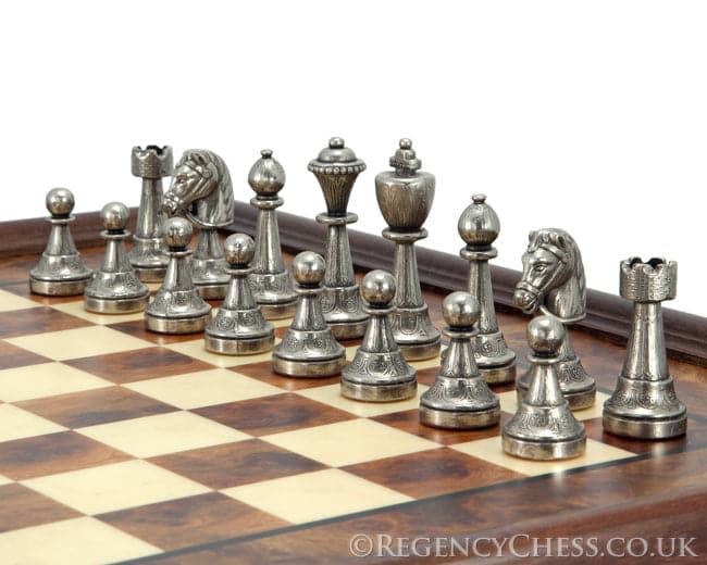 Finnesburg Brass and Nickel Chess Pieces on Briarwood and Elm Chess Board