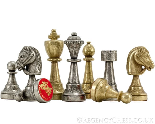 Finnesburg ornate brass and nickel chess pieces showcased on Regency Chess, part of a traditional chess set.