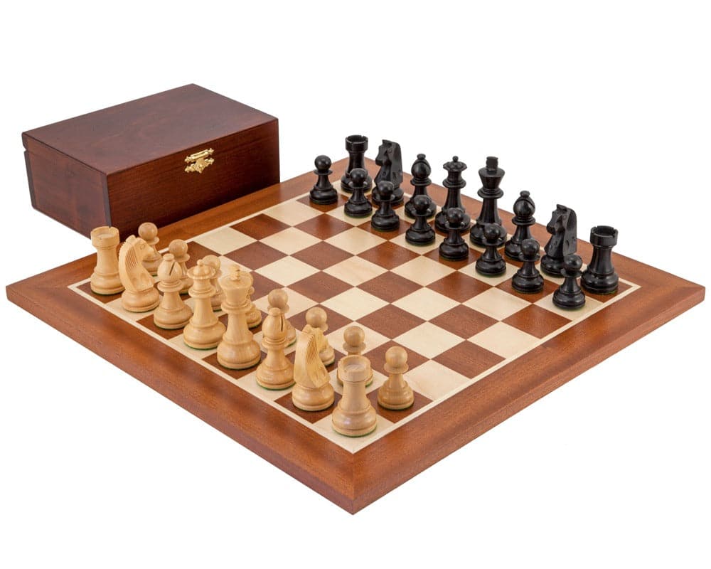 Down Head Black Championship Chess Set with solid boxwood and ebonised pieces on a 16-inch mahogany and maple chess board.