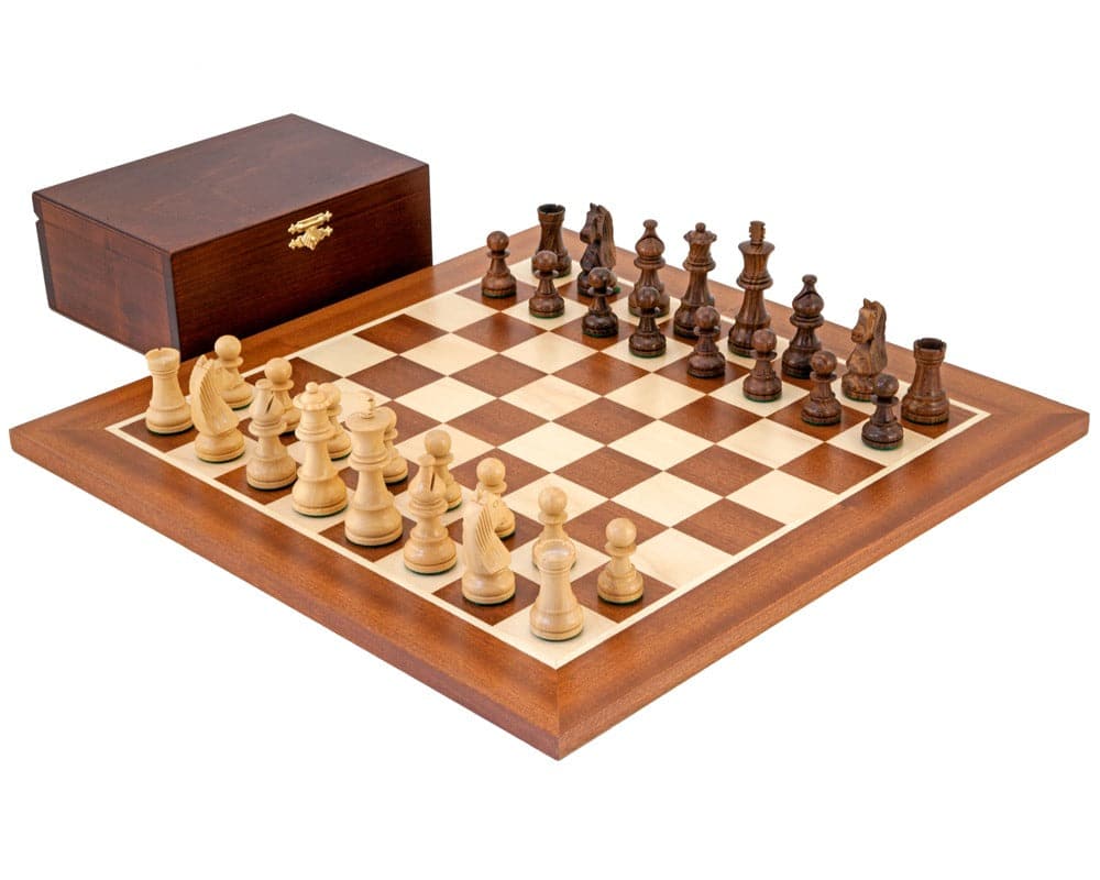 Down Head Sheesham Championship Chess Set with polished wooden chessboard and boxwood chess pieces on display