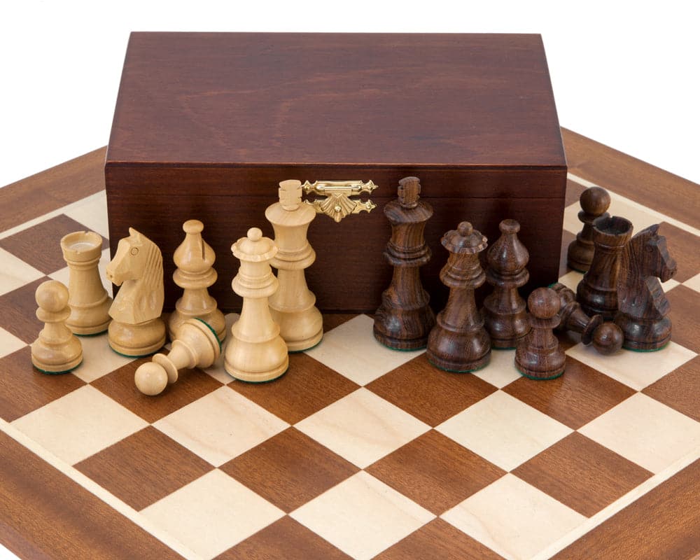 Down Head Sheesham Championship Chess Set with solid wood chessmen on polished chess board and wooden storage box.