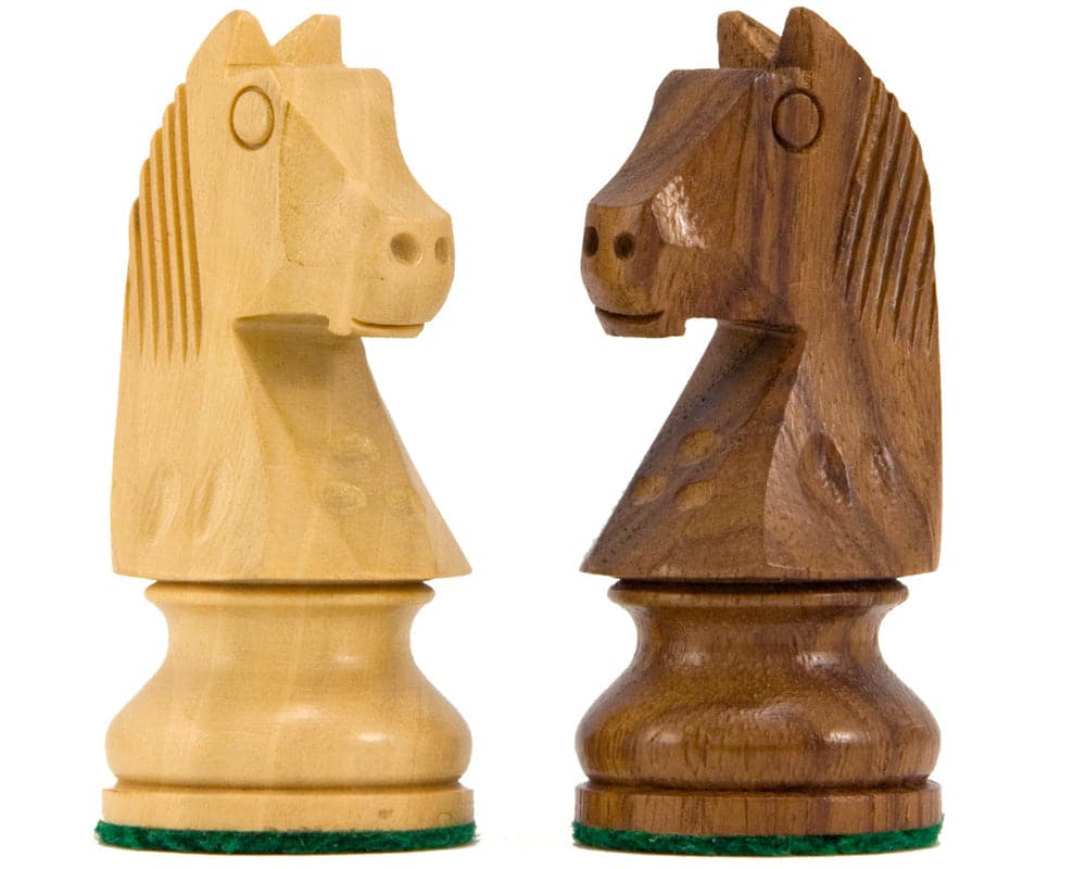 Down Head Sheesham chess knights in natural Boxwood and Sheesham Wood with green felted bases.