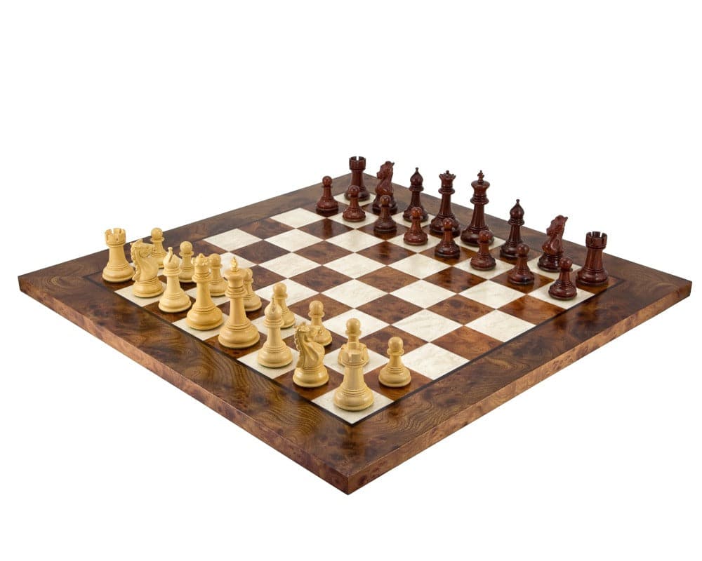 Madrid Rosewood and Briar Luxury Chess Set on Italian Board with 4-Inch King and Triple Weighted Pieces