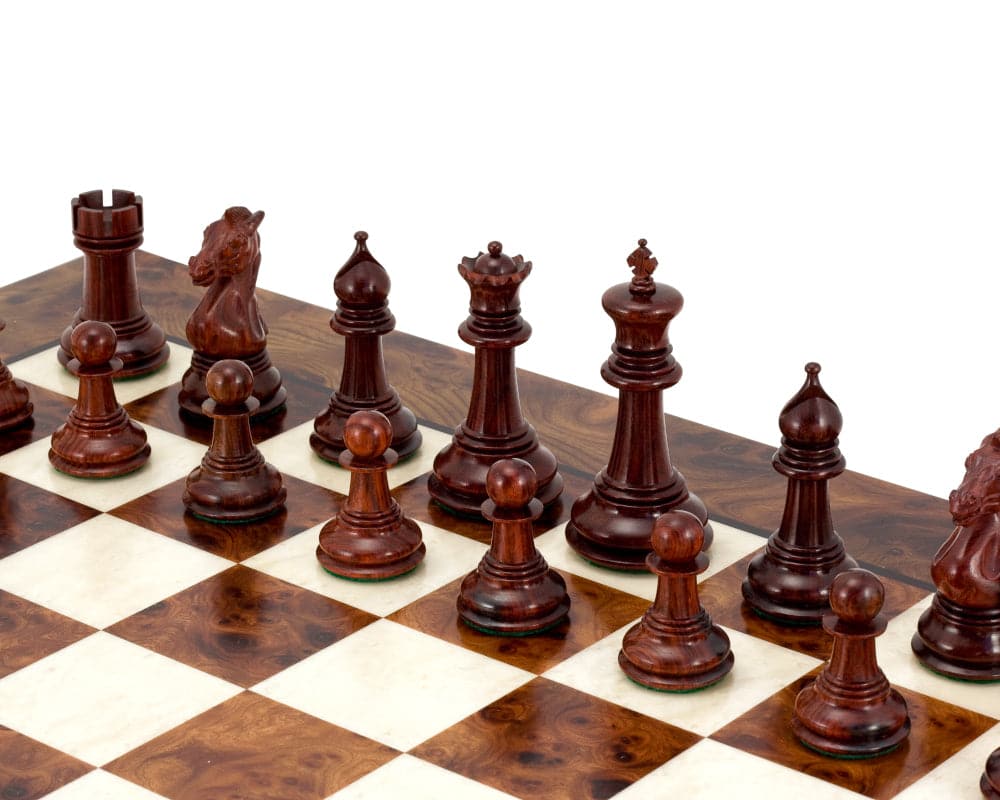 Madrid Rosewood and Briarwood Luxury Chess Set on Italian board showing 4-inch King and pieces with billiard cloth bases