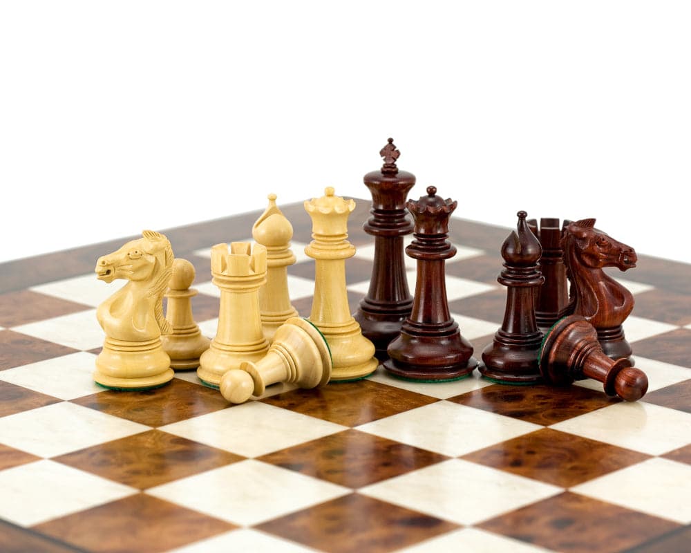 Madrid Rosewood and Briar Luxury Chess Set on 24-inch Italian briarwood burl veneer board with 4-inch king and extra queens