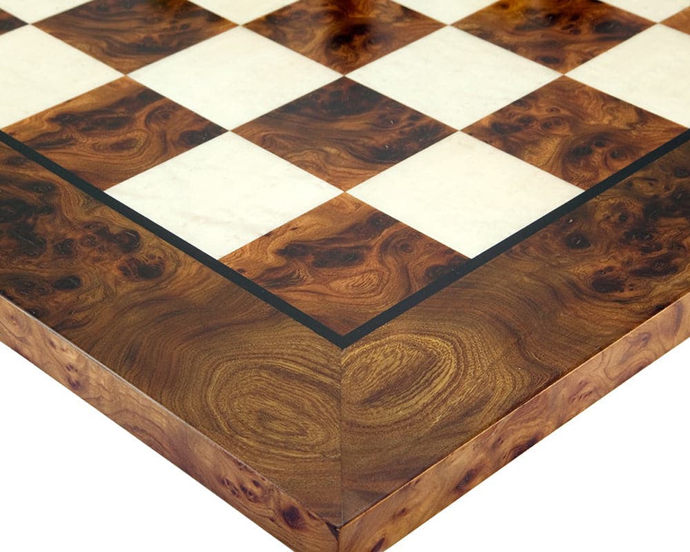 Detailed close-up of a luxurious 24-inch chess board, featuring hand-finished briarwood burl veneer and elegant Italian craftsmanship.