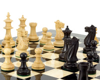 Black Flower Chess Set with high gloss black anegre board and handcrafted Staunton design pieces featuring detailed knights.