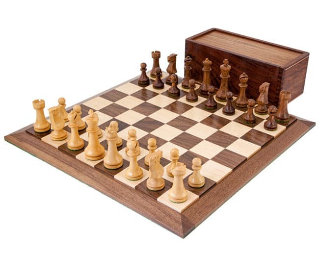 Pioneer Solid Walnut and Sheesham Chess Set with handcrafted Sheesham and Boxwood pieces on Walnut and Maple board with storage case