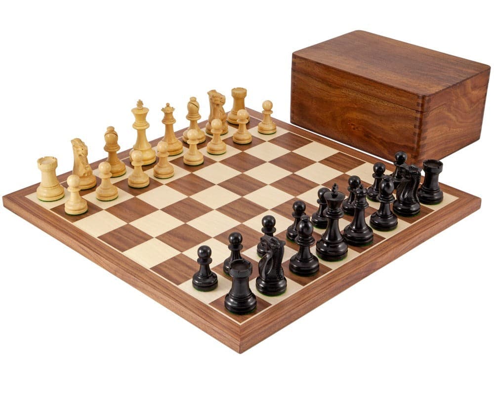 Supreme Ebony Tournament Chess Set with Weighted Ebony and Maple Pieces on a 17-inch Walnut and Maple Board