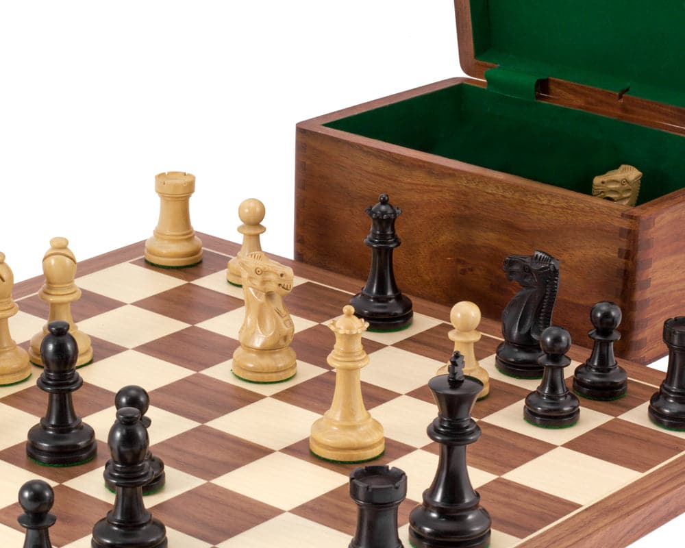 Supreme Ebony Tournament Chess Set with luxury real ebony pieces and Spanish Walnut and Maple chess board.