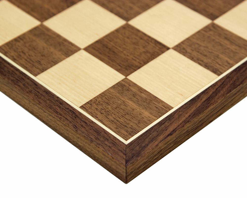 Spanish made Walnut and Maple chessboard from Supreme Ebony Tournament Chess Set with beautifully detailed Staunton squares.