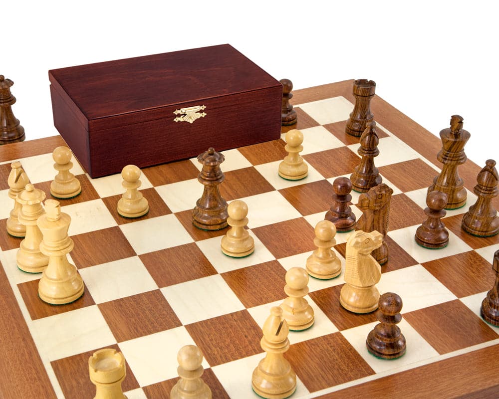 French Knight Sheesham Mahogany Chess Set with Weighted Staunton Pieces on Mahogany and Maple Board, Includes Wooden Storage Box