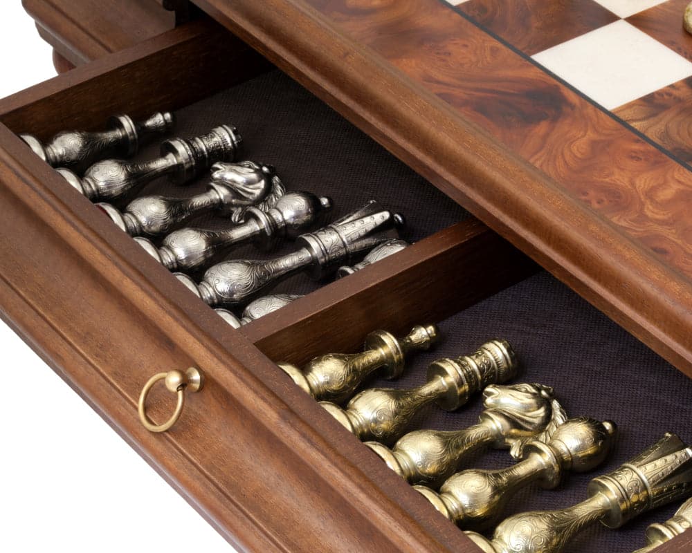 Maghreb Brass and Briarwood Chess Cabinet with sliding drawer for brass and silver chess pieces storage, crafted with satin lacquer finish.