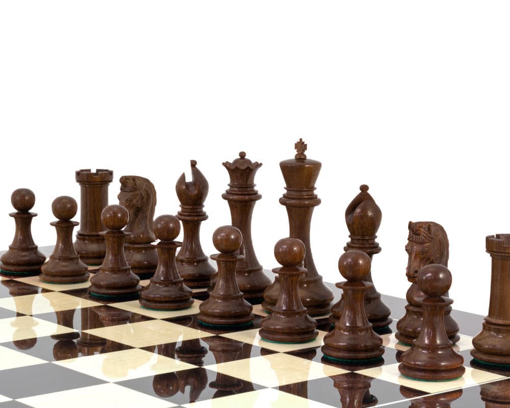 Eminence Black and Rosewood Grand Chess Set with high gloss black anegre board showing handcrafted Staunton style pieces.