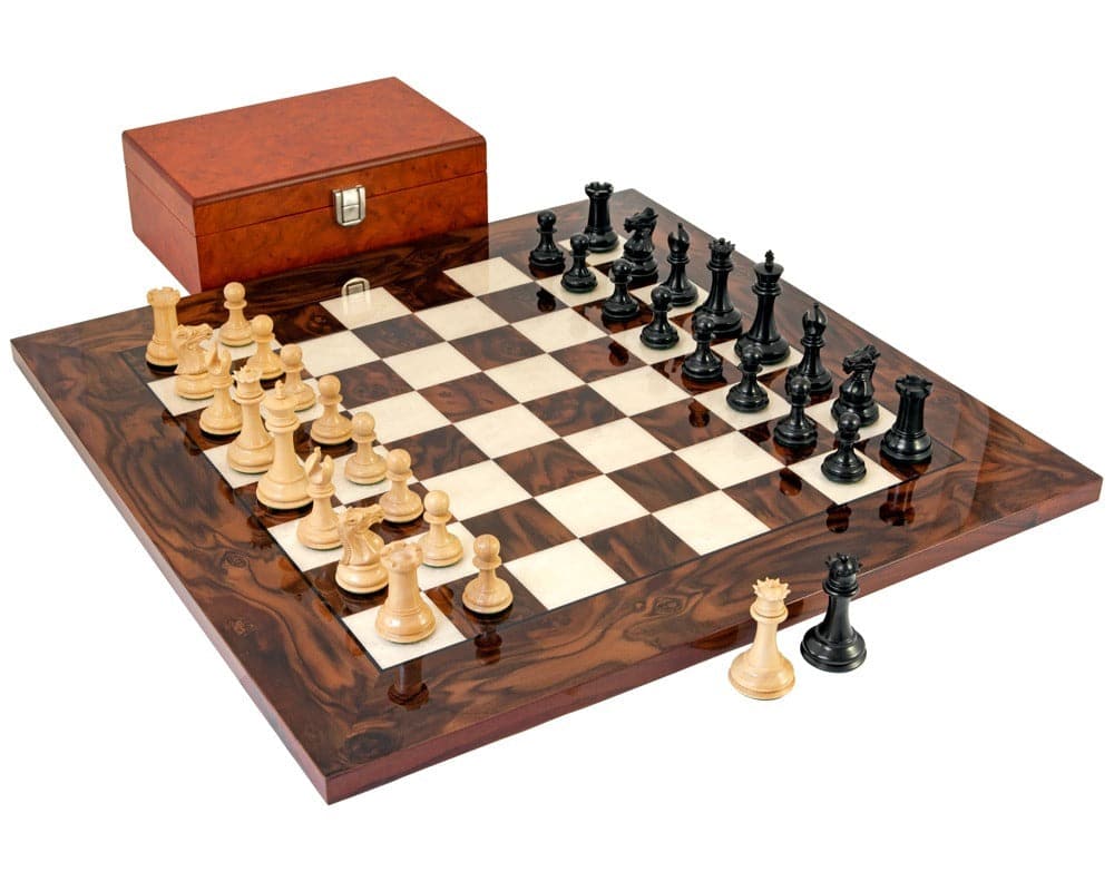 Luxury Black Sovereign chess set with Staunton chessmen on an Italian chess board, wooden storage box included