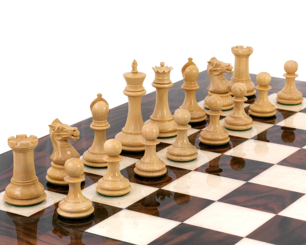 Luxury Staunton chess set with handcrafted hardwood pieces on an Italian chess board.