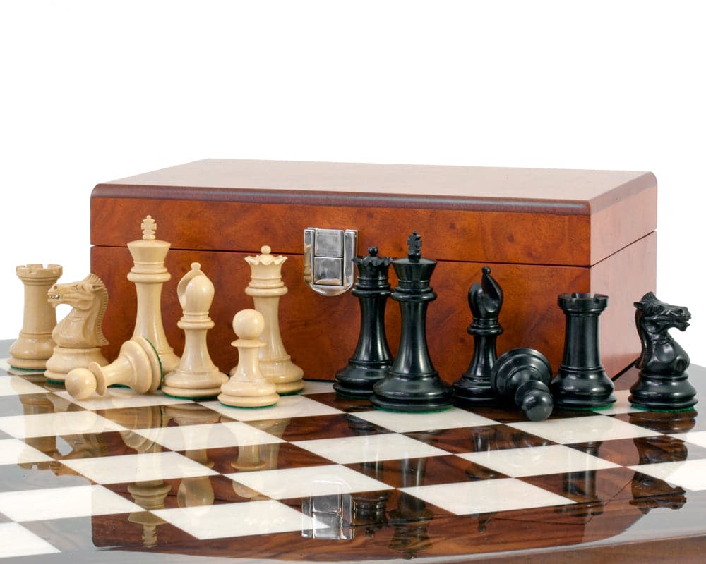 Black Sovereign Luxury Chess Set with handcrafted Staunton chess pieces on Italian chess board and wooden storage box