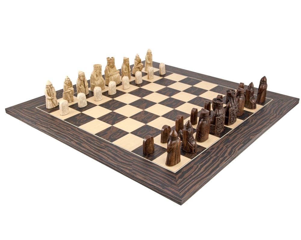 The Isle Of Lewis Tiger Ebony Chess Set with authentic museum reproduction pieces on a tiger ebony and maple chess board.