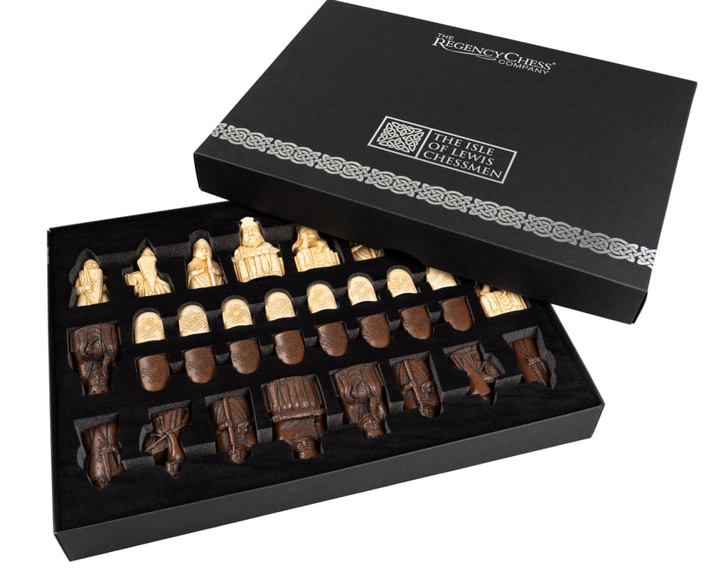 The Isle Of Lewis Tiger Ebony Chess Set with authentic reproduction chessmen in a black Regency Chess Company box