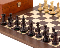 Classic Windsor Rosewood and Montgoy Palisander Chess Set with 3 inch king, handcrafted pieces, luxurious board, and burl effect case