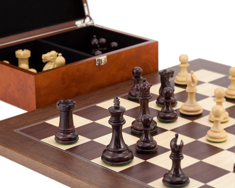 Windsor Rosewood and Montgoy Palisander Chess Set with burl effect case