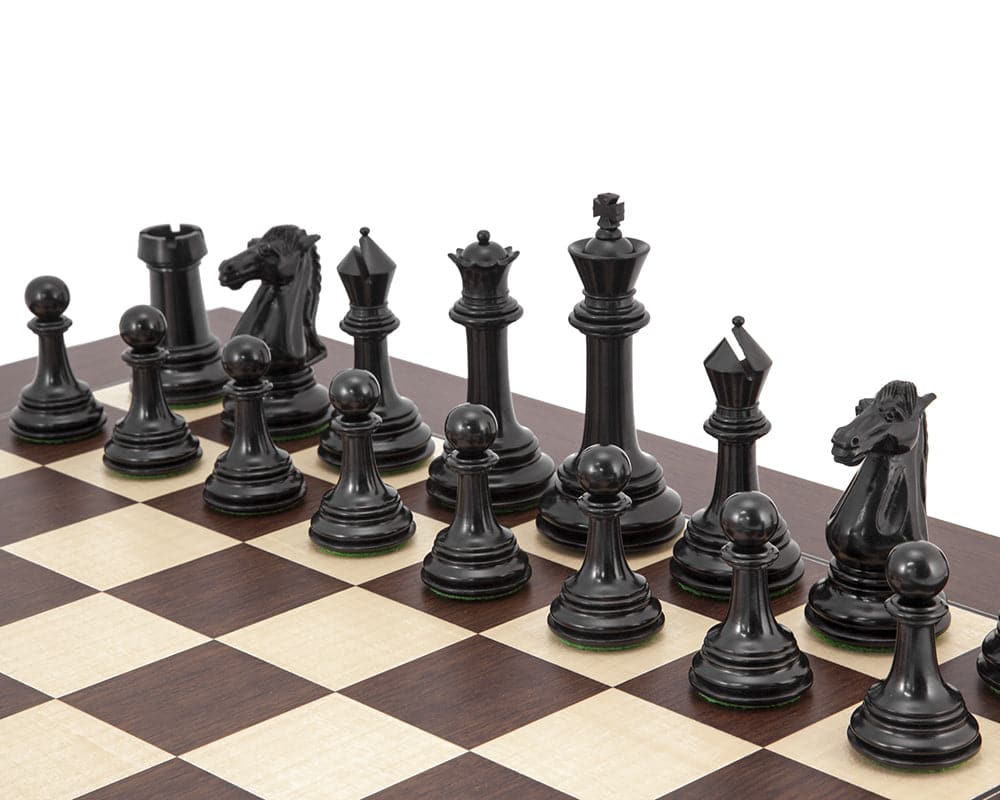 Parthenon Rosewood and Ebony Chess Set displaying elegant, classical Staunton-inspired chessmen on a chessboard.