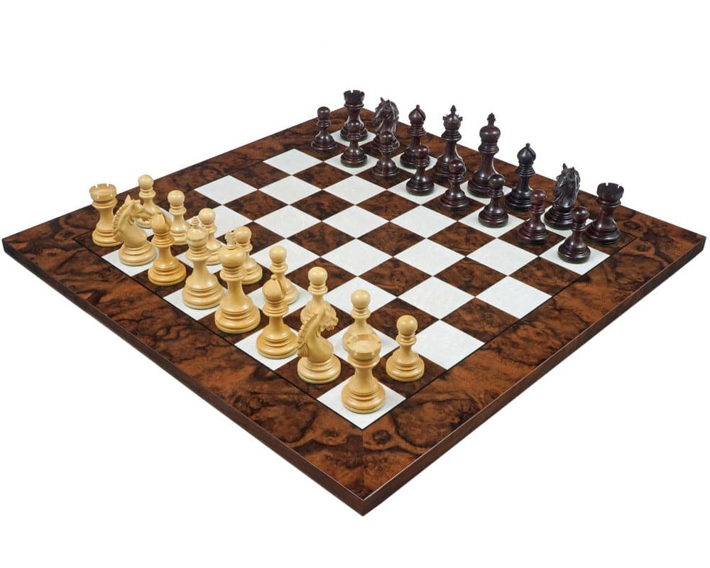 Luxury Staunton Garvi Rosewood and Walnut Chess Set with high gloss inlaid Italian board, showcasing ornate weighted and felted chess pieces.