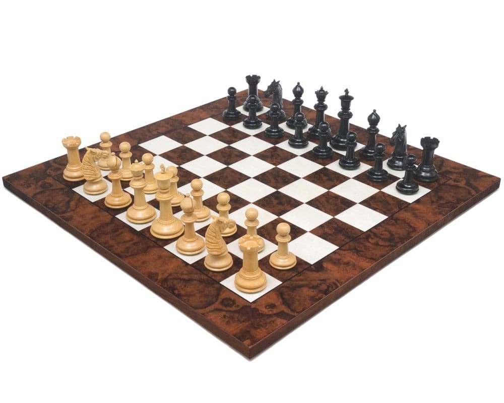 Classic Staunton ebony and walnut bath series chess set with handcrafted pieces on a dark walnut chess board