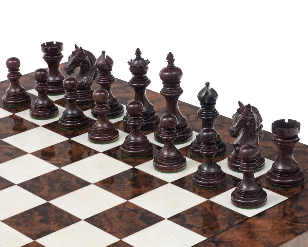 The Garvi Luxury Rosewood and Walnut Chess Set with weighted rosewood chessmen on high gloss Italian chessboard