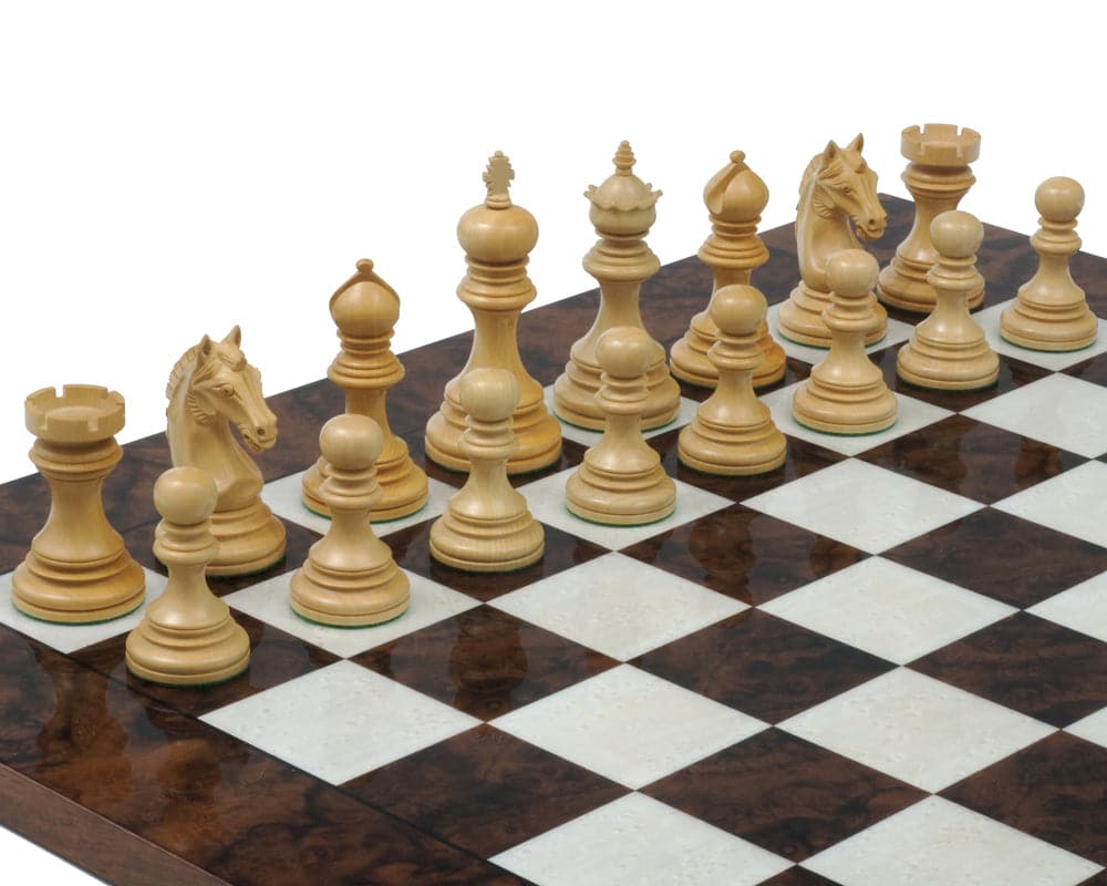 The Garvi Luxury Rosewood and Walnut Chess Set with high gloss inlaid Italian board and weighted rosewood chessmen on display.