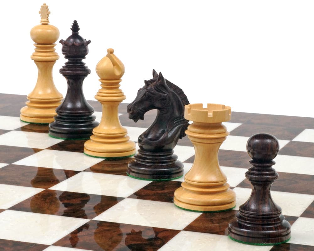 Luxury rosewood and walnut chess pieces on high gloss inlaid Italian chessboard with a 4-inch king and certificate of authenticity