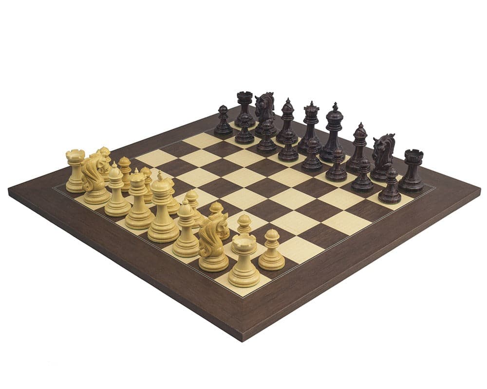 The Kingsgate Rosewood Palisander Chess Set with 4.25 inch king on luxurious 21.7 inch Spanish board, expertly handcrafted ornate pieces