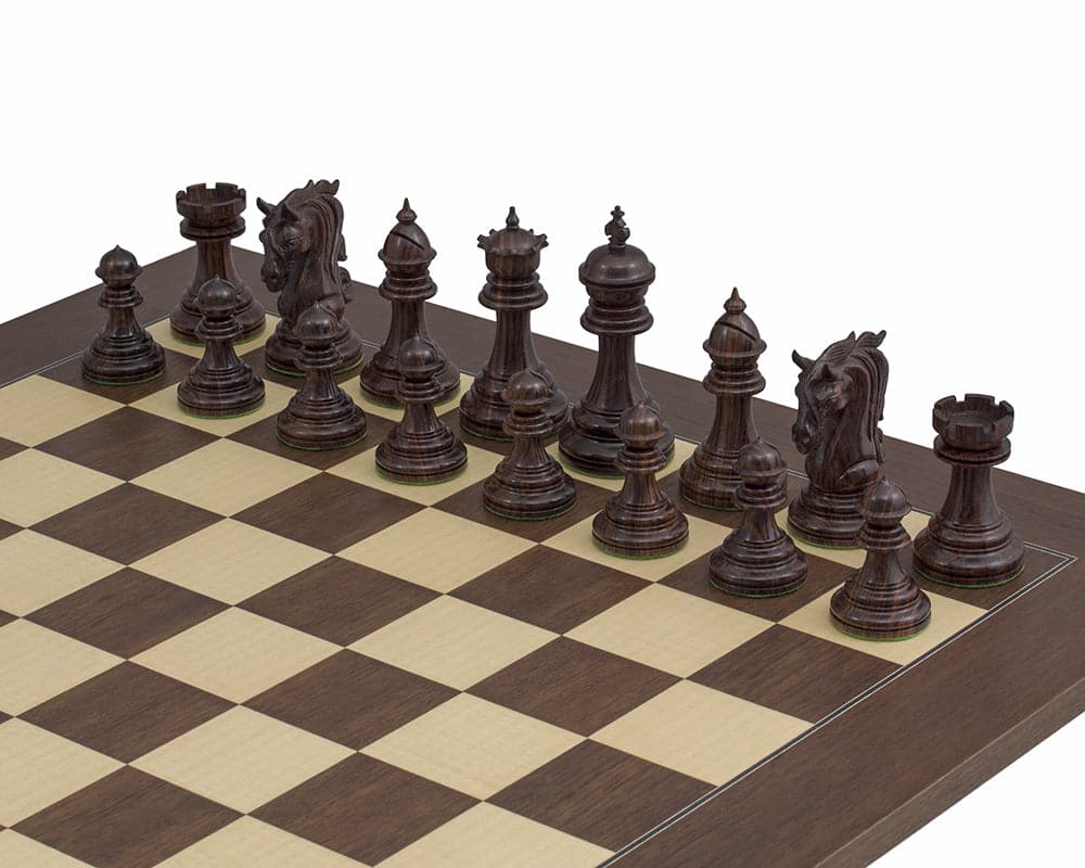 The Kingsgate Rosewood Palisander Chess Set with 4.25 inch ornate king and luxurious 21.7 inch Spanish board