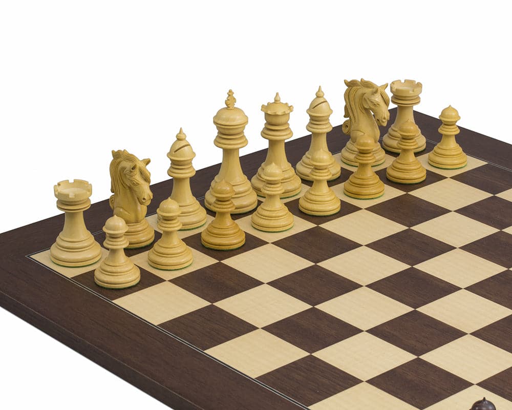 The Kingsgate Rosewood Palisander Chess Set with ornate handcrafted pieces on a luxurious 21.7 inch (55 cm) board