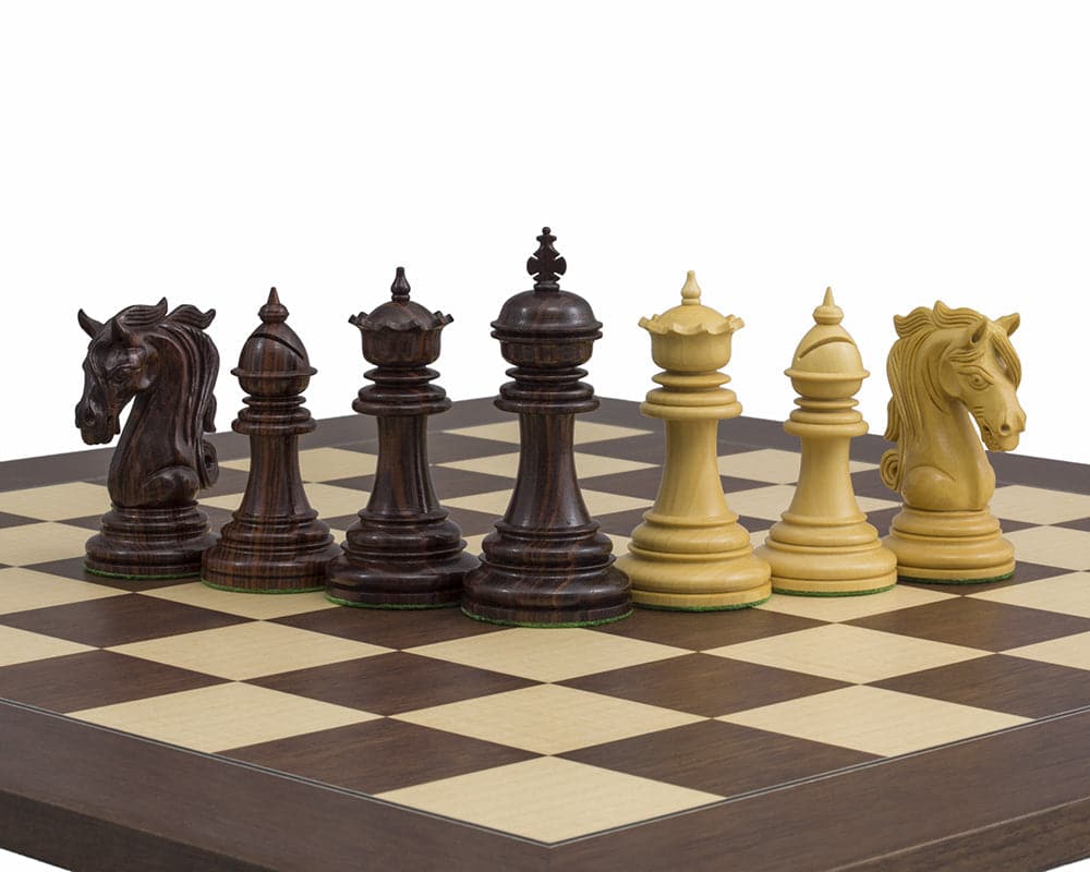 The Kingsgate Rosewood Palisander Chess Set with intricately detailed handcrafted pieces on a luxurious Spanish board.