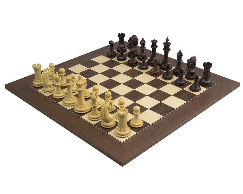 Sheffield Knight Rosewood Palisander Chess Set on a 21.7 inch board with exquisitely ornate chessmen and a 4.25 inch king.