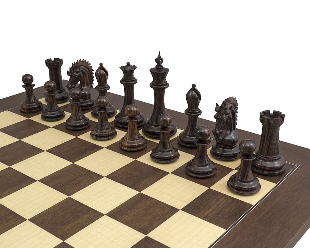 The Sheffield Knight Rosewood Palisander Chess Set on a 21.7 inch palisander and maple chess board with exquisitely ornate chess pieces.