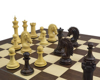 The Sheffield Knight Rosewood Palisander Chess Set with ornate chess pieces on a 21.7 inch palisander and maple chessboard.