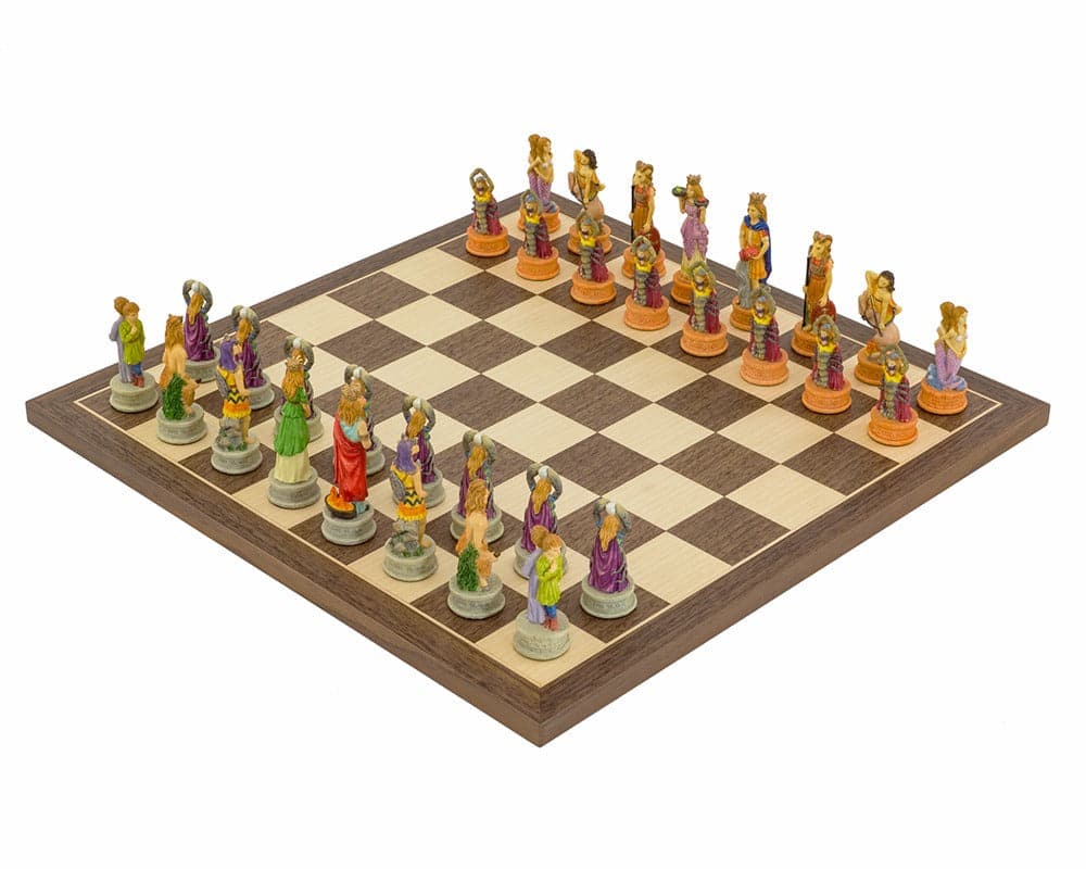 Hand-painted Zodiac chess set with 3.25-inch king on a 15.75-inch Spanish board, crafted from crushed stone composite.