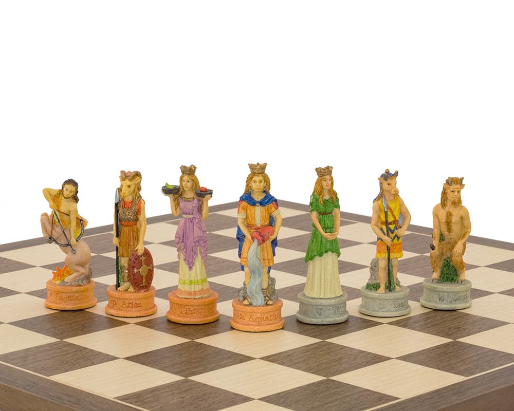 Hand-painted Zodiac chess pieces on a Spanish board by Italfama, featuring exquisite detail and craftsmanship.