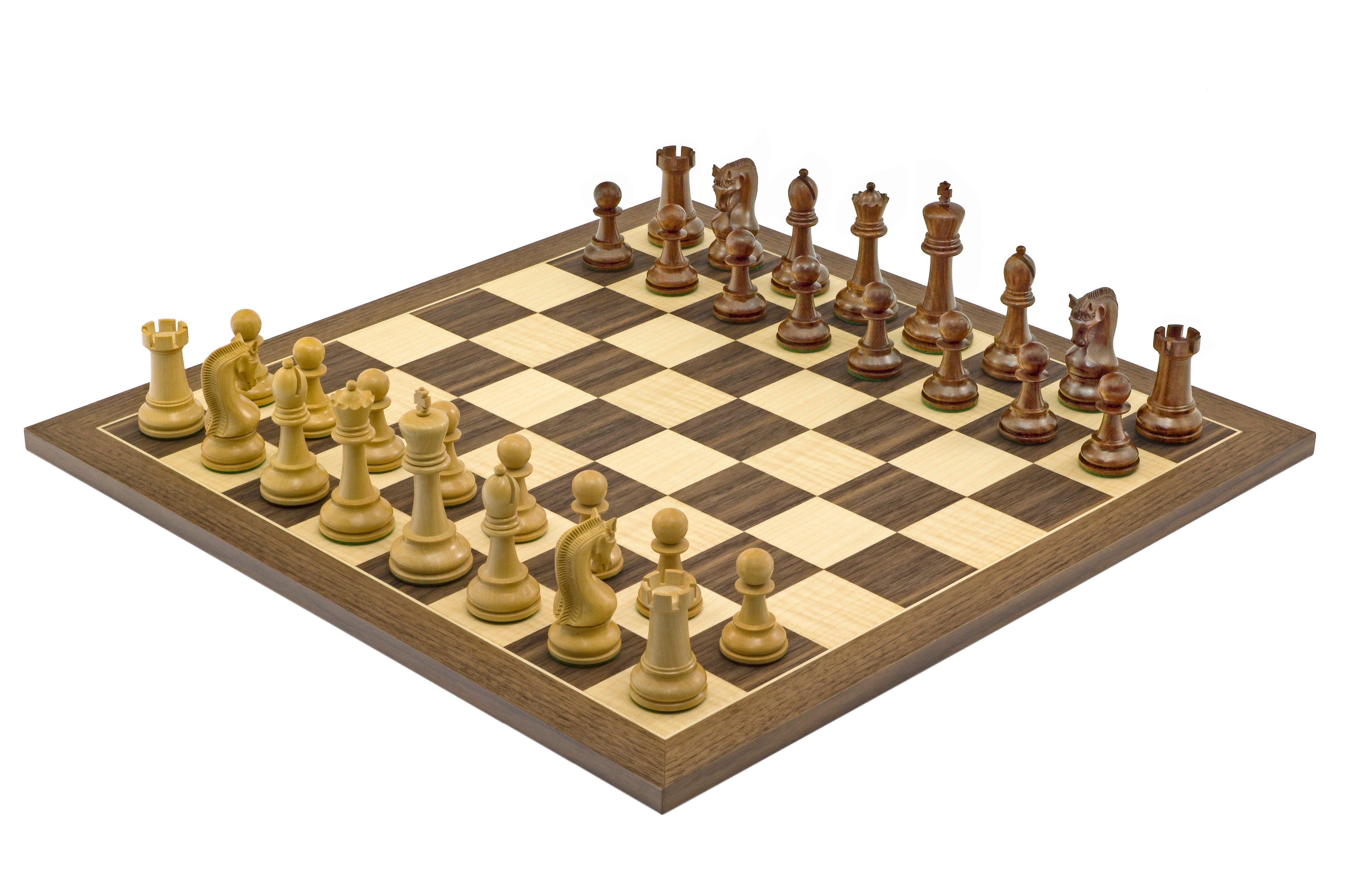 The Leningrad Acacia and Walnut Chess Set on a 15.75 inch mahogany chess board from Spain with 2.75 inch king pieces.